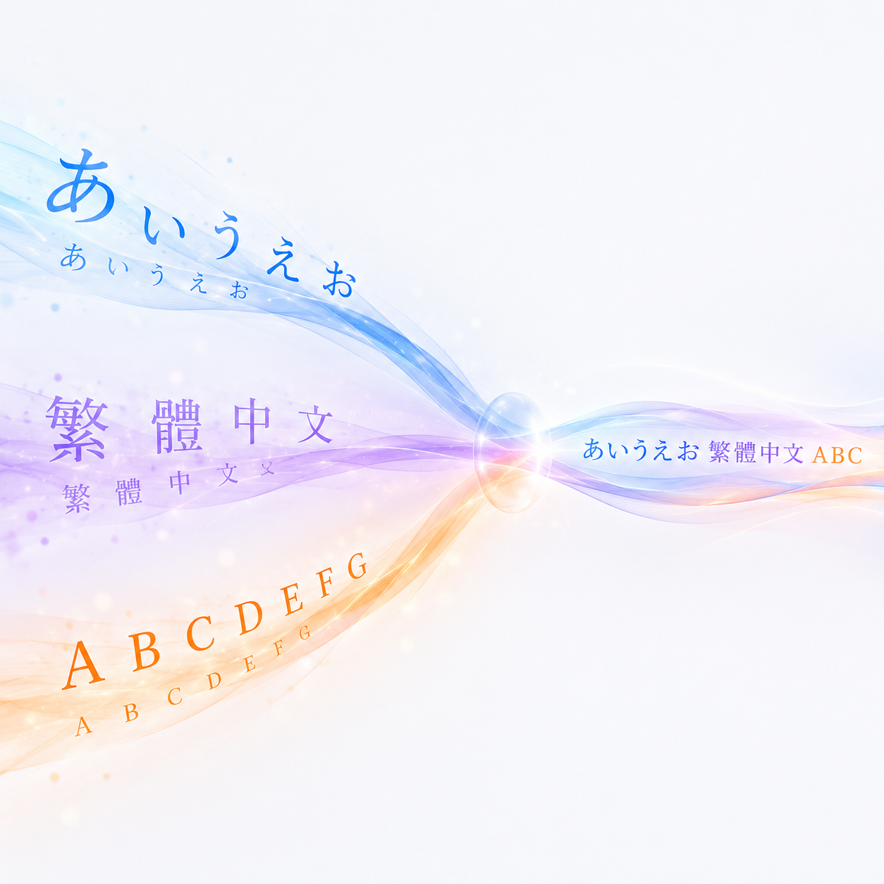 あいうえお · 繁體中文 · ABC が一つの流れに統合される視覚表現